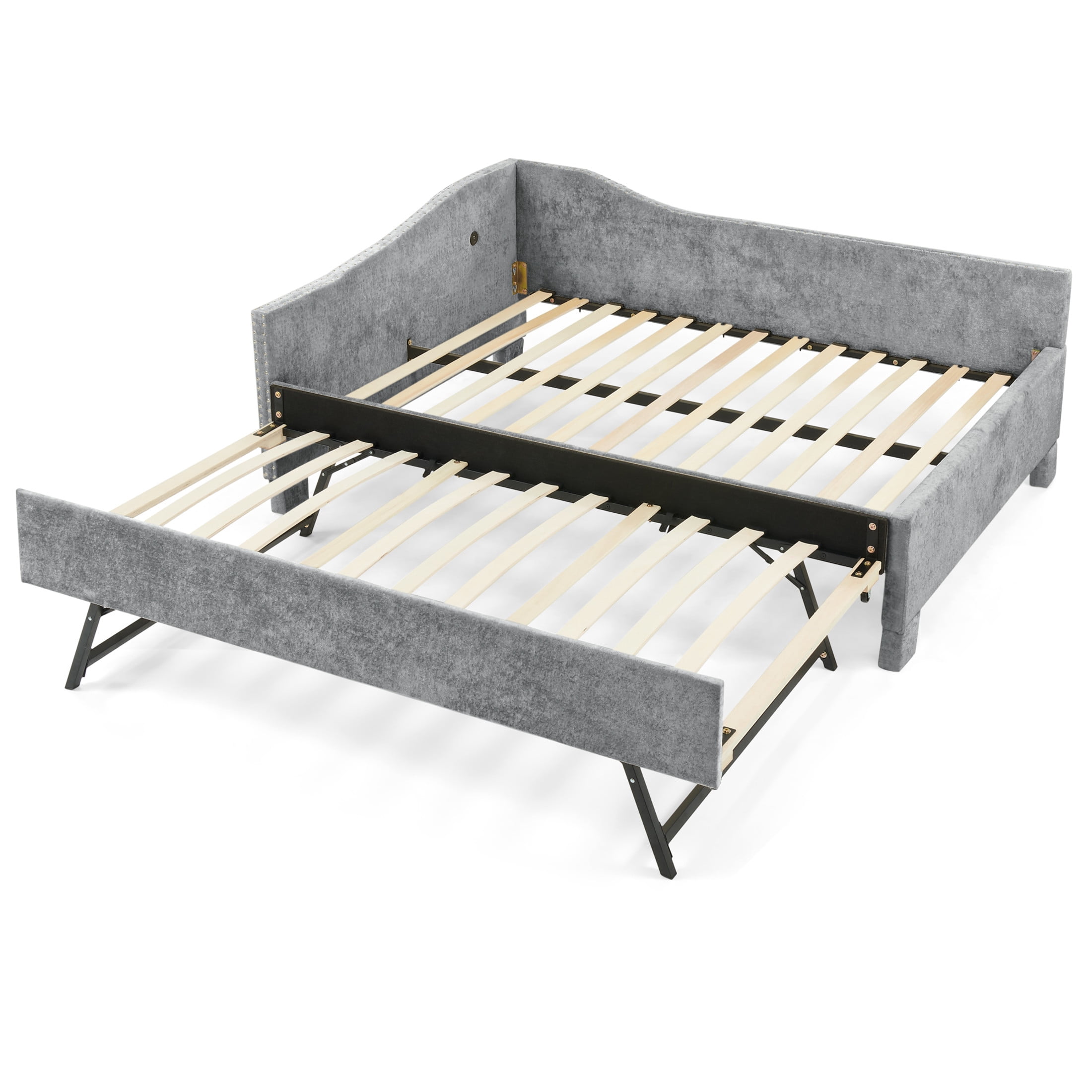 Noble House Phineas Twin Size Chenille Padded Daybed, Sofa Bed Frame with Twin Trundle and Charging Port, Grey