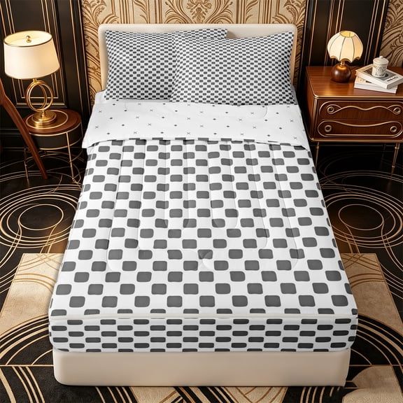 Erosebridal Minimal Grid Pattern Zipper Twin Comforter Sets with Fitted Sheet and 2 Pillowcases,Square Lattice Print Zipper Bedding Set,Charcoal Gray,Reversible