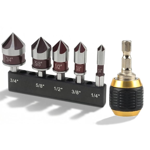 WINFA Countersink Drill Bit Set with Self-Locking Extension Rod M2 HSS 5 Flute 82-Degree 1/4 Inch Hex Shank for Wood Metal Plastic 6 Piece