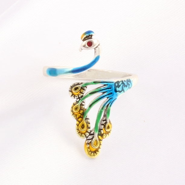 Anillo de plata tailandés de pavo real tridimensional de estilo étnico, anillo de dedo abierto de temperamento simple con pluma retro