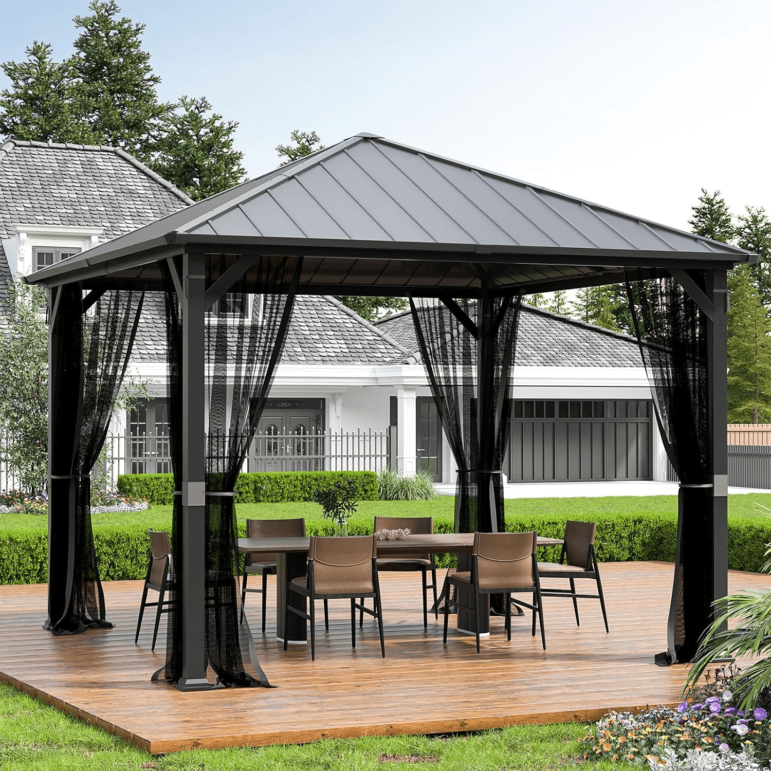 ELPOSUN Outdoor Living 10’ X 10’ Hardtop Gazebo Canopy with Netting & Curtains, Outdoor Aluminum Gazebo with Galvanized Steel Double Roof for Patio Lawn and Garden, Black