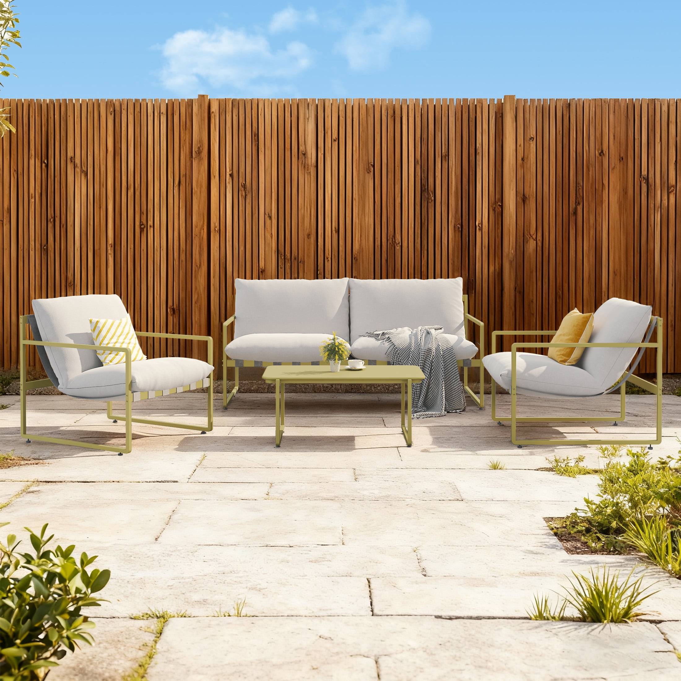 GRANDPATIO 4-Piece Patio Furniture Set All-Metal Frame Wide Webbing Outdoor Conversation Set with Olefin Cushions,Moss Green