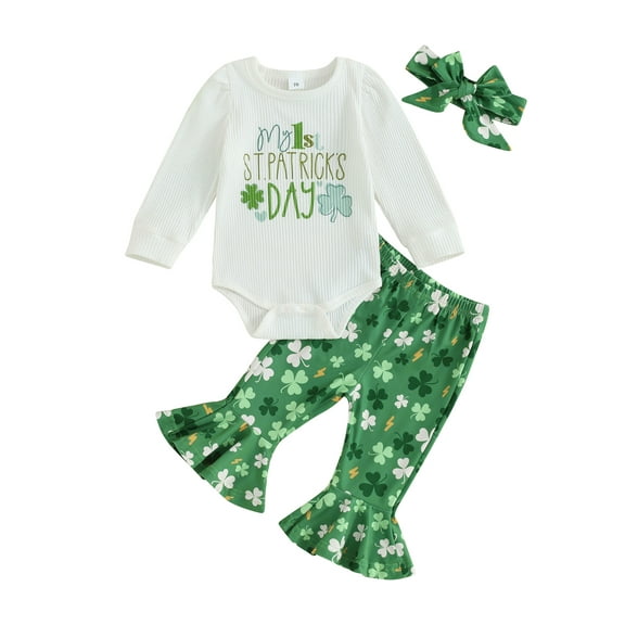 My First St. Patricks Day Baby Girl Outfits 3 6 9 12 18 Months Clover Print Romper Flared Pants Headband 3Pcs Spring Clothes