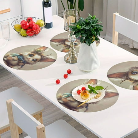 

Round Grid Placemat One Sizex4 Round Placemat PVC Plate Mat，15.4 Inch Non-Slip and Heat Resistant Table Placemat Dining Room Placemat Cartoon Beautiful Brown Rabbit