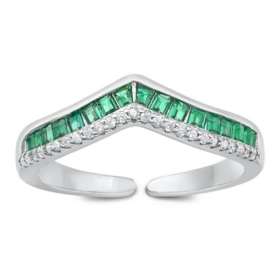 Simulated Emerald Adjustable Chevron Ring .925 Sterling Silver Band Green CZ Female Size 6