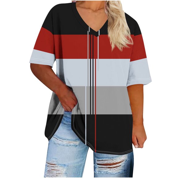 Lenpel Women's Plus Size Tops Summer Casual Short Sleeve V Neck Color Block T Shirts Loose Tunic Tee Blouses