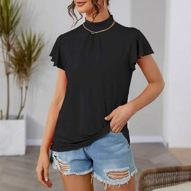 AherBiu Plus Size Womens Tops T Shirts Ruffle Short Sleeve Mock Neck Tshirts Summer Causal Comfy Tee Blouses