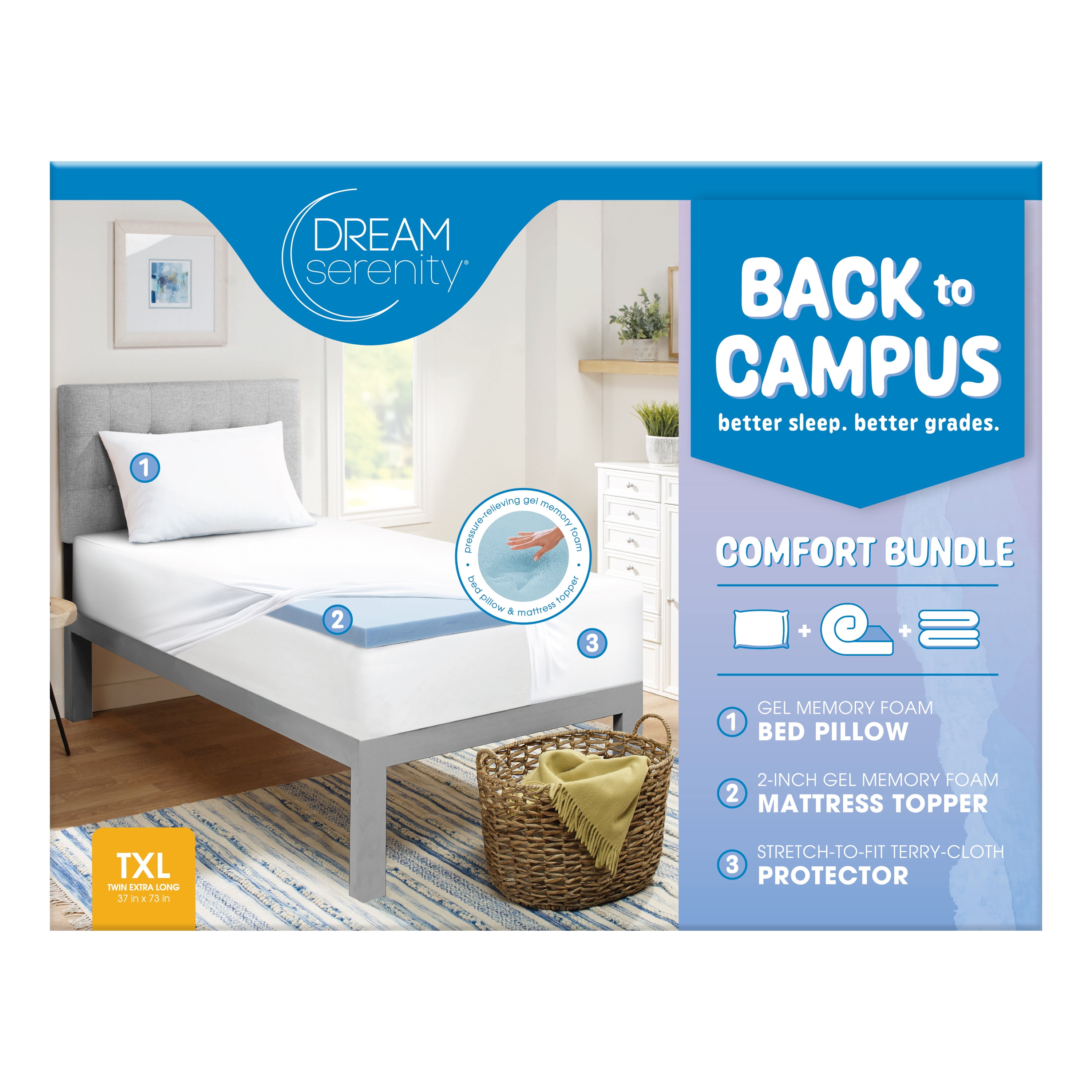 Dream Serenity Dorm in a Box - 2" Memory Foam Topper, Memory Foam Pillow, + Mattress Protector Bed Bundle, Twin Extra Long