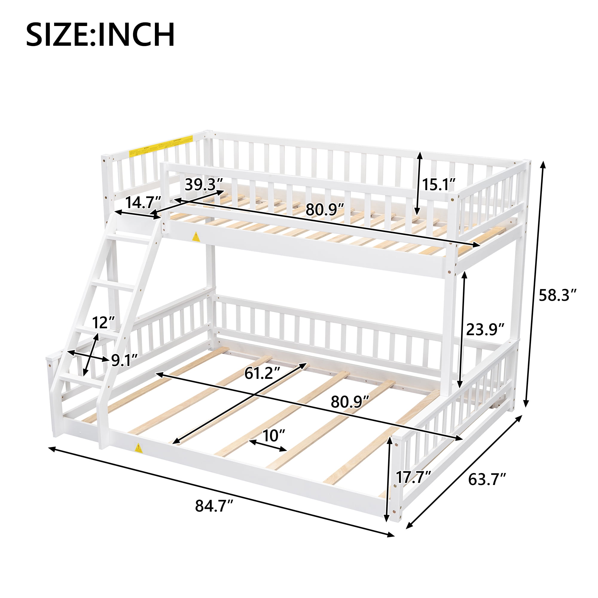Euroco Wood Twin XL over Queen Size Bunk Bed, 2-in-1 Bed for Kids Teens Adults, Divided 2 Single Platform Beds, White