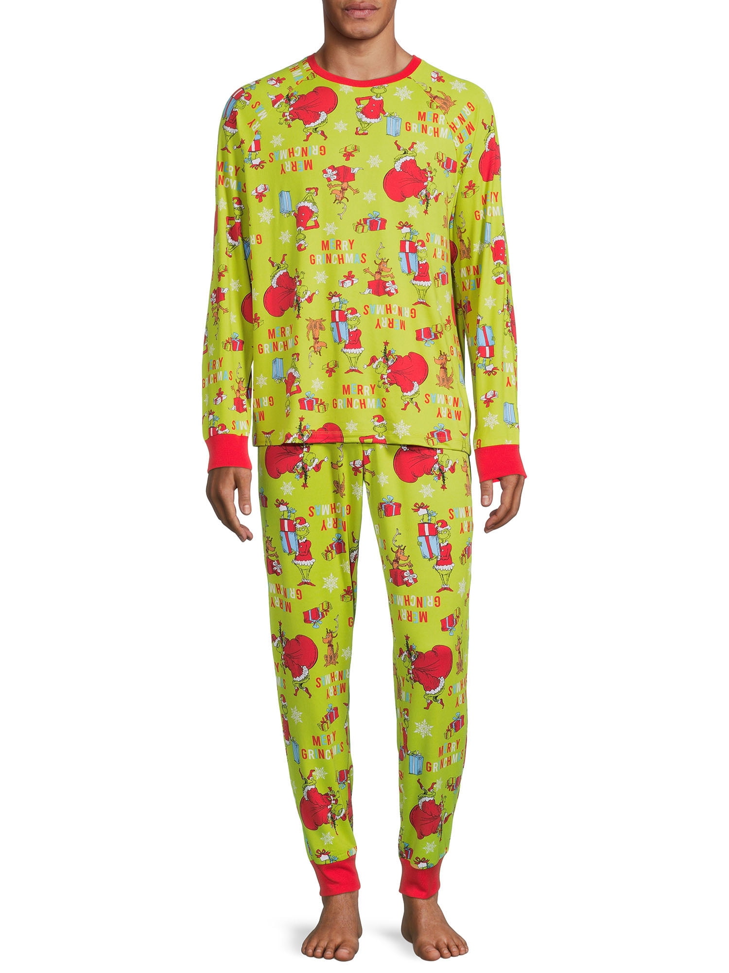 Dr. Seuss Grinch Matching Family Sleepwear Men's Long Sleeve Top and Pants, 2-Piece Pajama Set