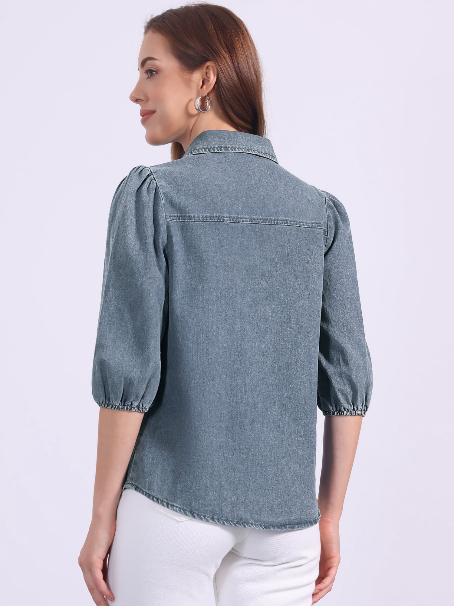 DARING DIVA Women's 3/4 Puff Sleeve Collar Button Down Jean Shirts XL Gray Blue