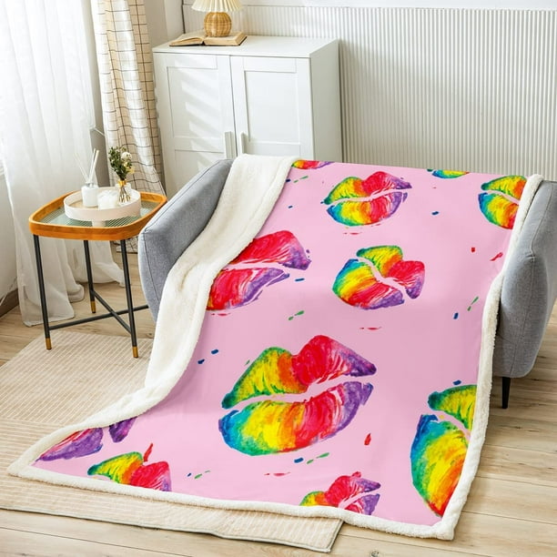 Lip Print Throw BlanketWatercolor Graffiti Print Fleece Blanket for