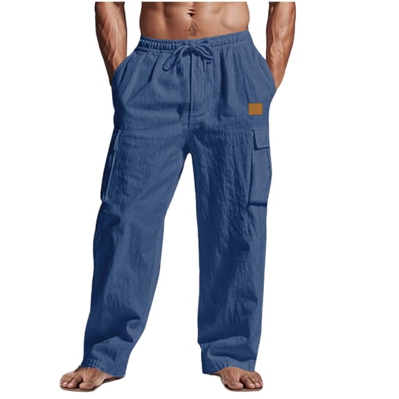 JUUYY Men's Cotton Linen Casual Cargo Pants Relaxed Fit Elastic Waist Drawstring Beach Pants Multi Pockets Lightweight Vacation Pants Blue S
