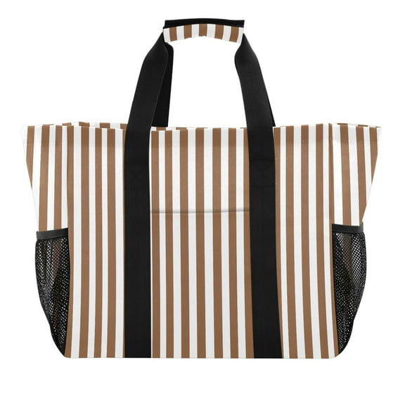 Brown and White Striped Reusable Grocery Bags with Handle Side Pocket Waterproof Shopping Portable Tote