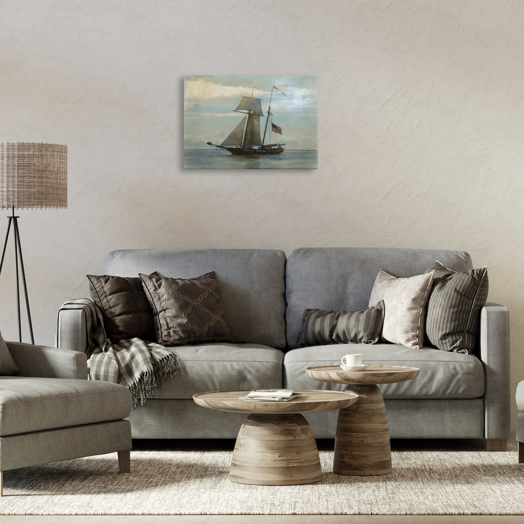 Stupell Industries Classic Ship with Flag Transportation Painting Wrapped Canvas Art Print Wall Art, 24 x 16