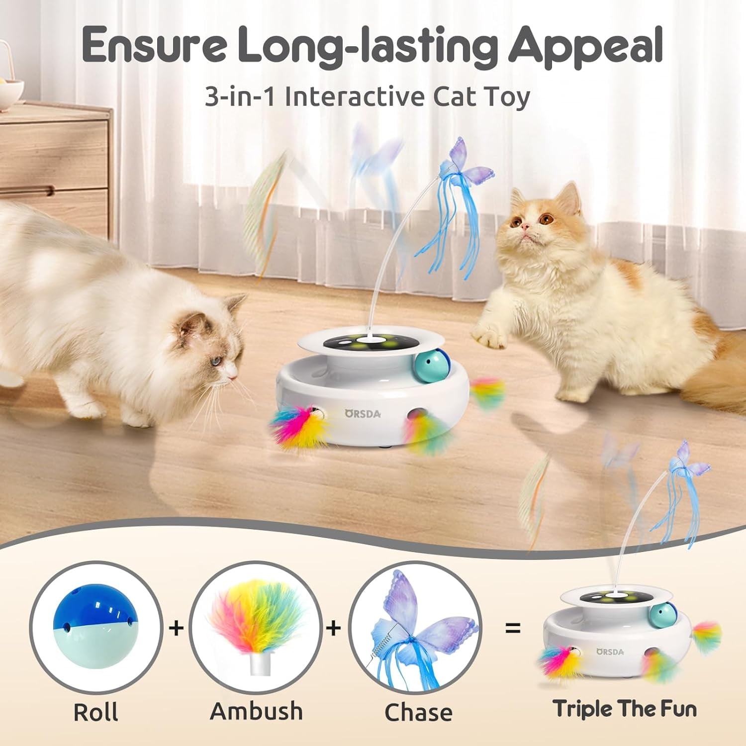 Cat Toy, 3-in-1 Automatic Interactive Electronic Moving Ambush Feather, Fluttering Butterfly, Track Balls, USB Rechargeable Powered Smart Indoor Exercise Kicker