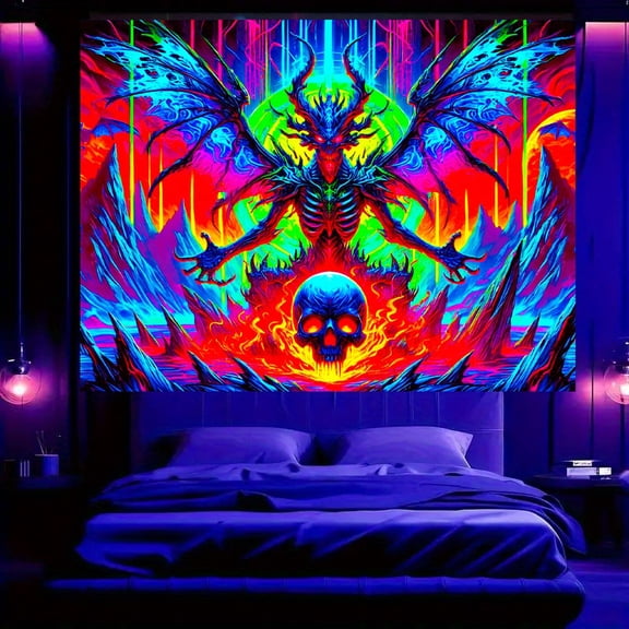 1 PC, 2D Flat/ Black Light ultraviolet reaction tapestry, with an extremely stylized design pattern, 78.74x 59.05 inches (200x150cm), wall art hanging flags, a tapestry that glints against a dark bac