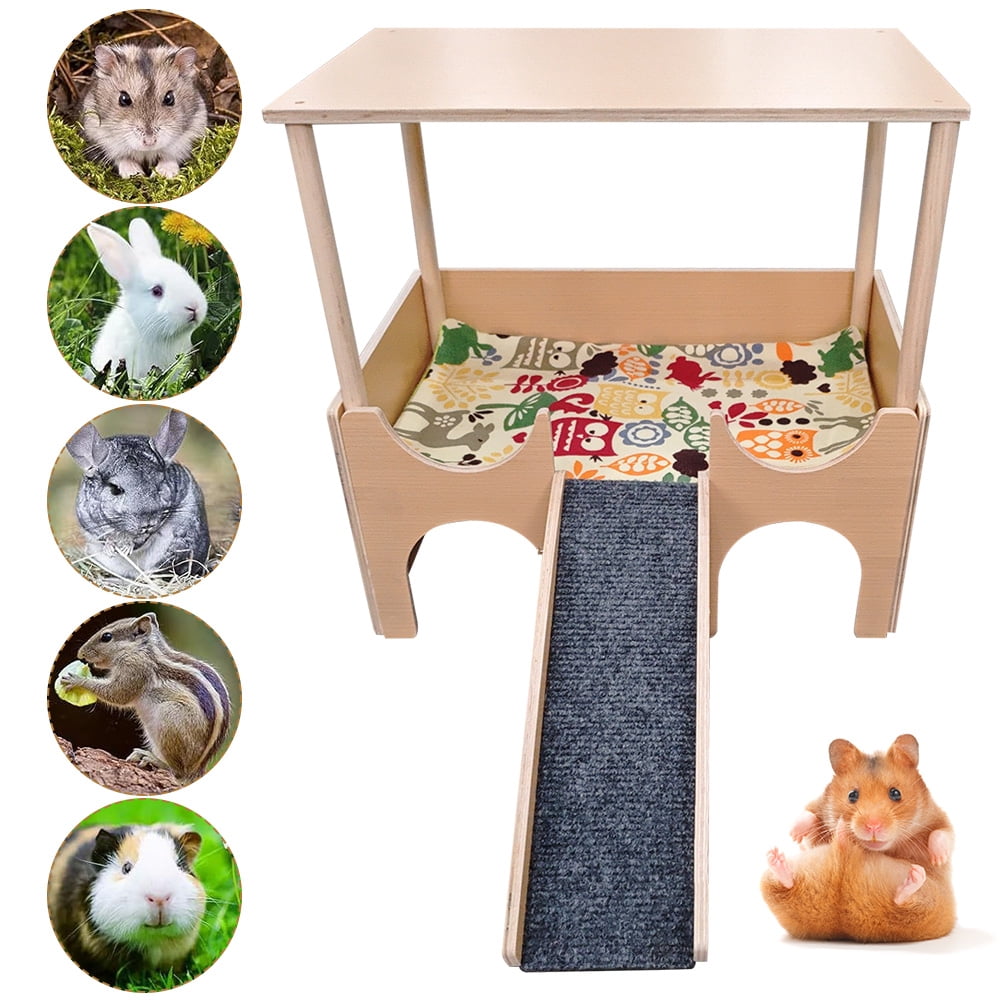 Qiyester Guinea Pig Castle Wooden Hamster House Animal  Hideout Habitat with Stairs for Chinchilla Hedgehog Rabbit Bunny