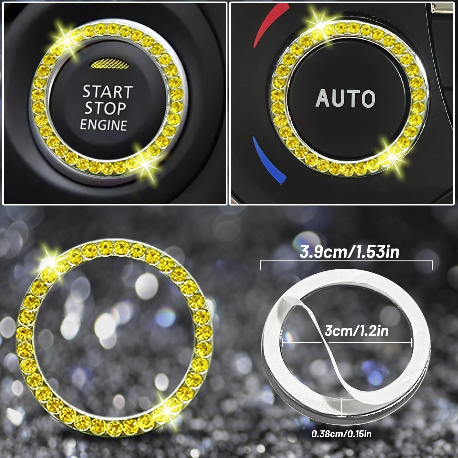 27-Piece Yellow Bling Car Accessories Set - Universal Fit Steering Wheel Covers, License Plate Frame, Phone Holder, Car Coasters