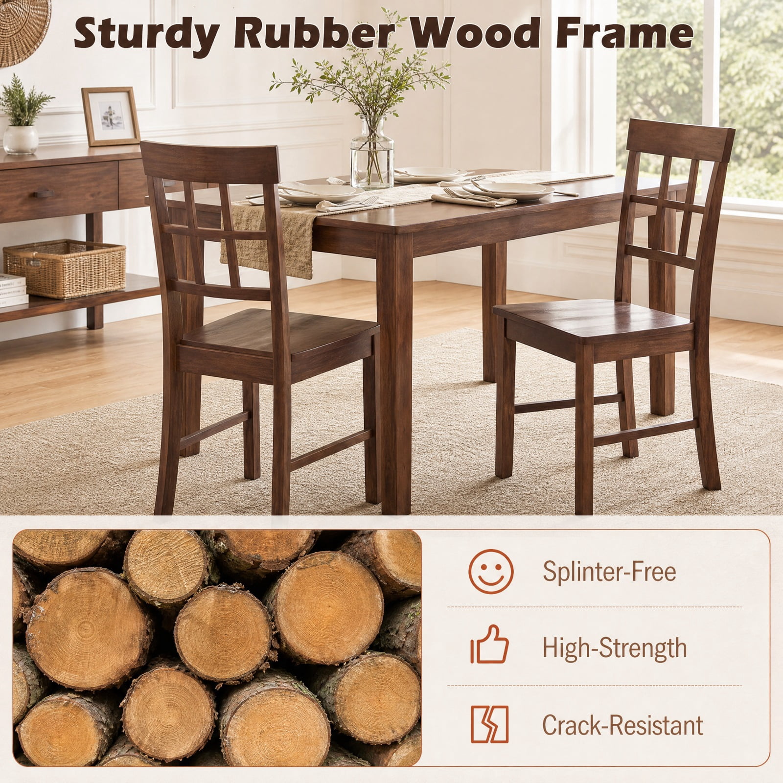 Furnibear Rubber Wood Dining Chairs Set of 2 with High Lattice Backrests for Dining Room Kitchen Study and Reception Room, Brown