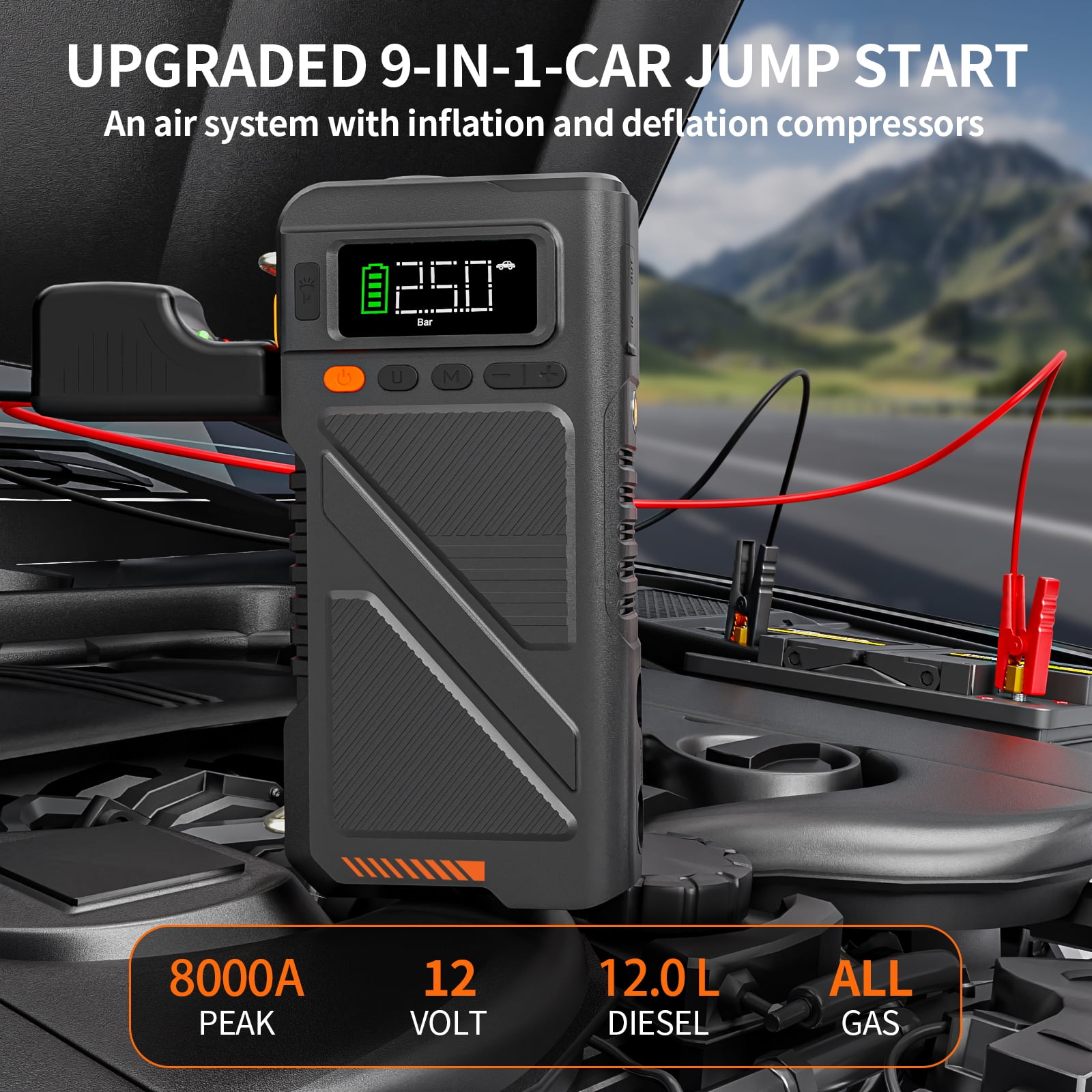 Geeneu 8000A  Peak Battery Jump Starter with Air Compressor, Portable 12V Car Battery Jump Box Power Pack for 10L Gas/9L Diesel Engine with 150PSI Tire Inflator & Extended Jumper Cable