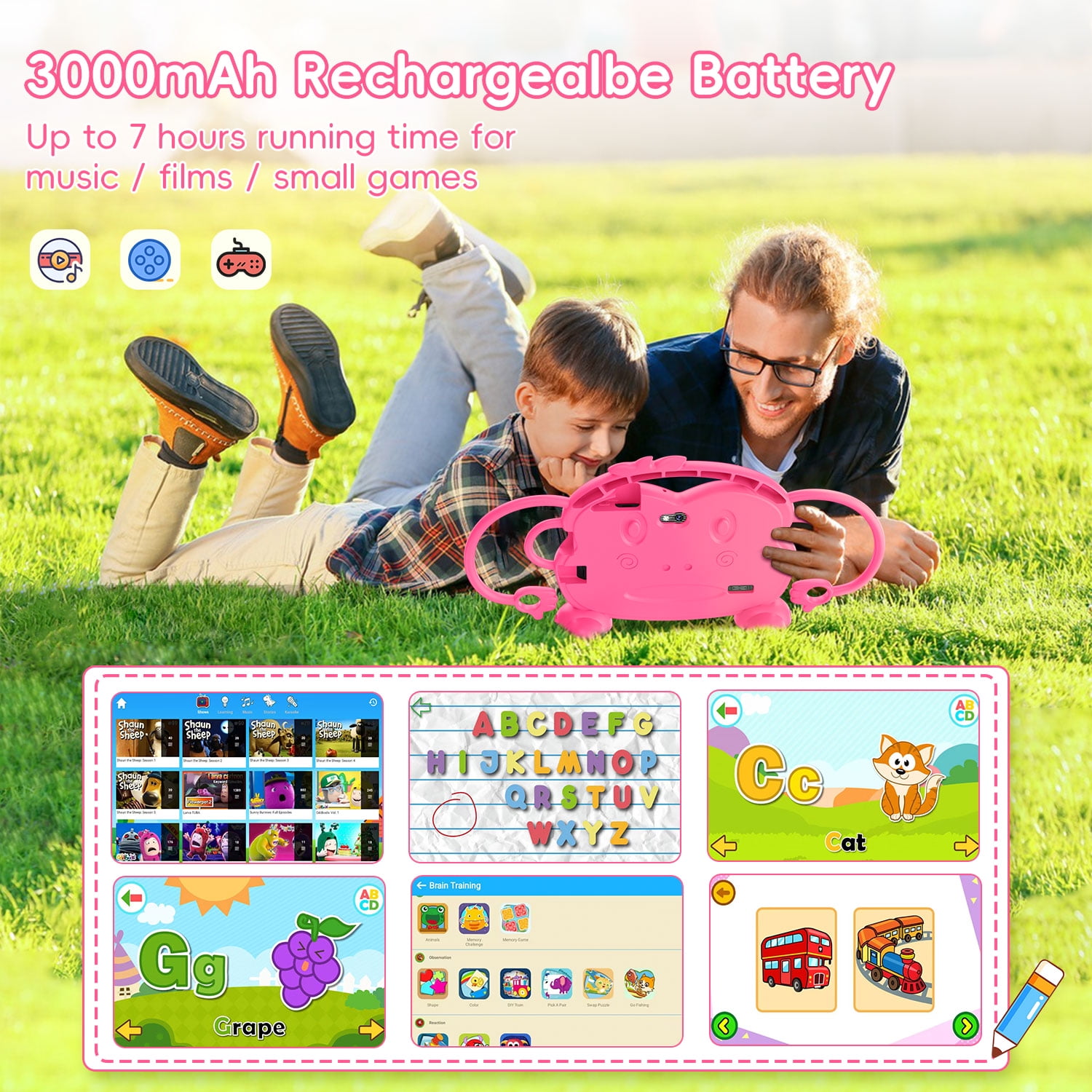 Kids Tablet, 7 inch Android Tablet for Kids, 6GB RAM 32GB ROM Quad-Core Toddler Tablet with Shockproof Case, Bluetooth, WiFi, Parental Control, 2MP+2MP Dual Camera, GPS, Games