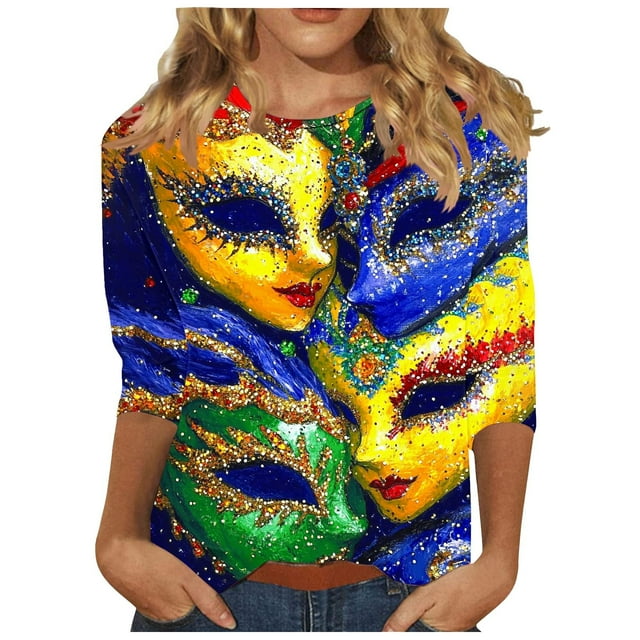 T-Shirts pour Femmes, Haut Mode Ample à Col Rond Imprimé Carnaval Décontracté à Manches 3/4, T-shirt pour Dames