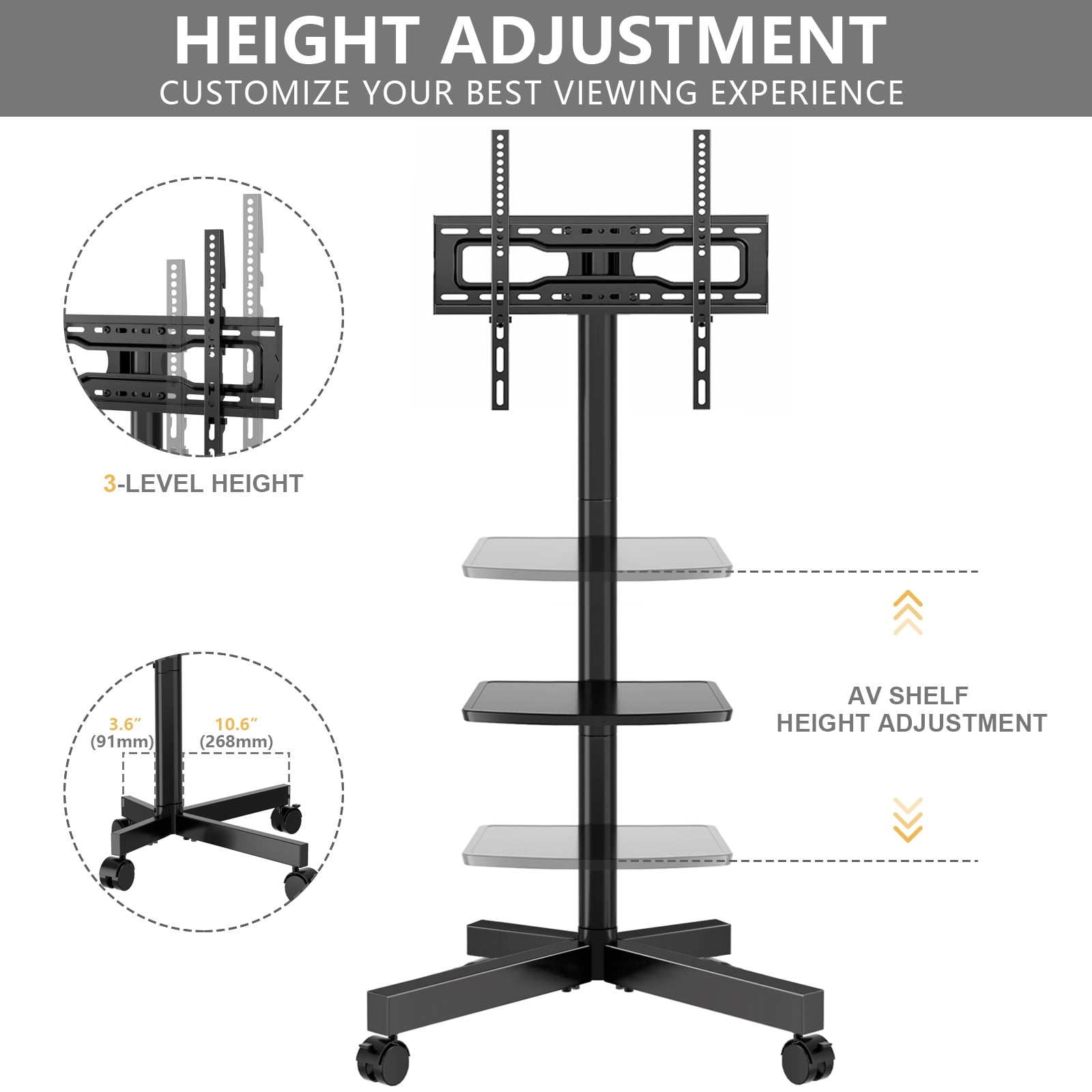 Mobile Rolling TV Cart with Locking Wheels for 23-60 Inch TVs, Adjustable Rolling Floor Stand TV Trolley up to 88 lbs