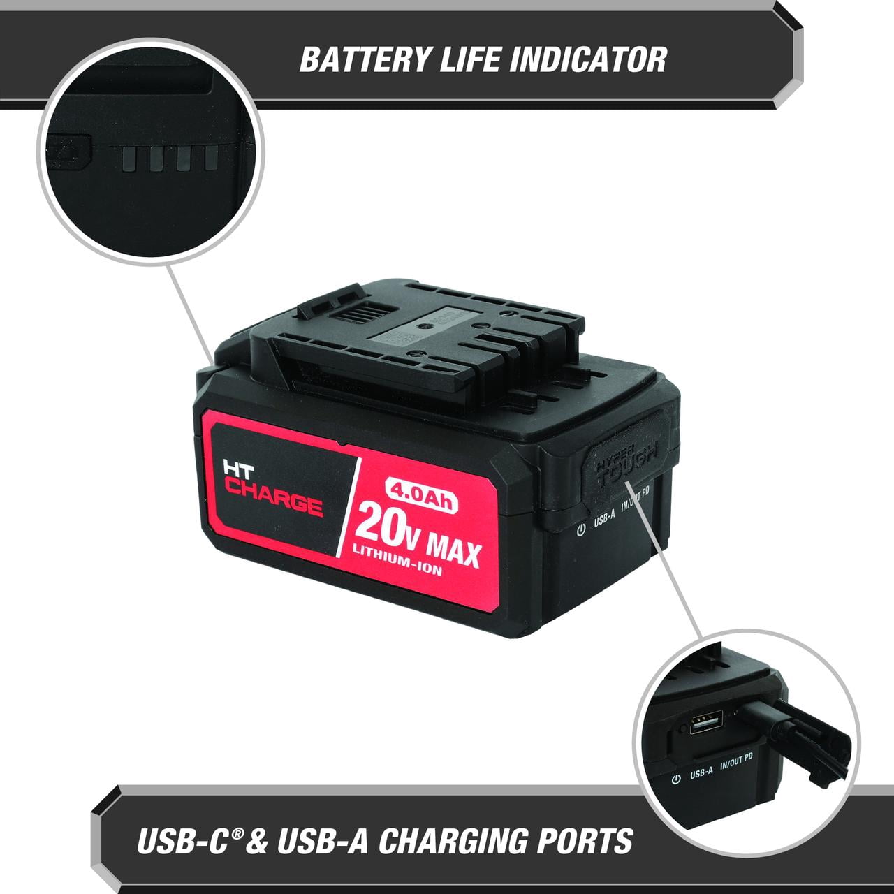 Hyper Tough 20V Lithium-Ion 4.0Ah Rechargeable Battery