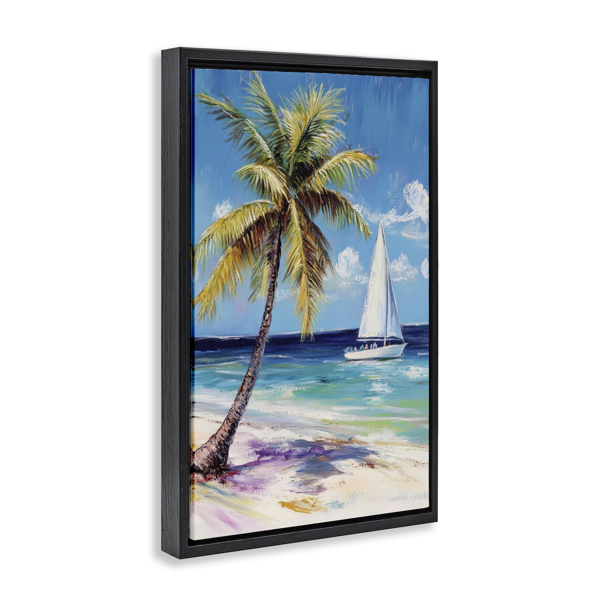 Stupell Industries Sailboat Delight with Palm Tree Black Framed Floater Canvas Wall Art, design by Petal Prints Design