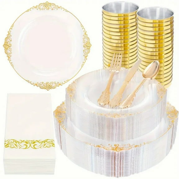 175Pcs Multi-Use Clear and Gold Plastic Dinnerware