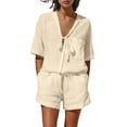 thumbnail image 2 of Mifsaly Linen Short Sets for Women 2 Piece Vacation Summer Casual Matching Outfits Short Sleeve Button Down Tie Front Shirt and Elastic Waist Shorts with Pockets Beige,S, 2 of 9