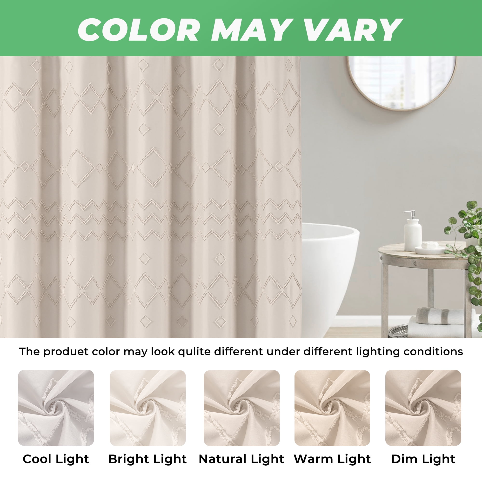 Seasonwood Beige Boho Shower Curtain with Hooks,Extra Long Heavy-Duty Weighted-Hem Fabric Bathroom Curtain,Water-Repellent, Machine-Washable,72"x96"
