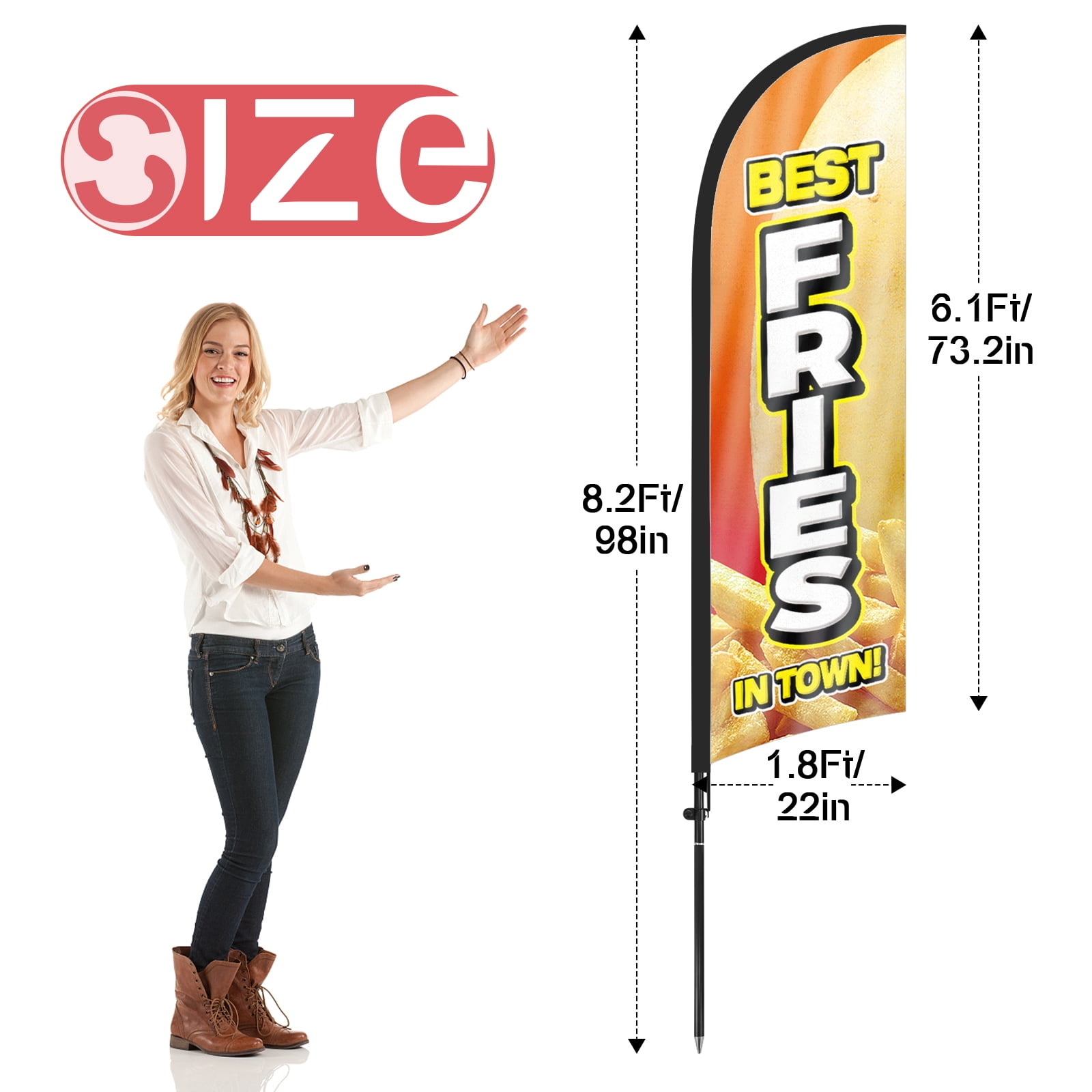 QSUM Best Fries Feather Flag with Flag Pole Kit and Ground Spike, 8.2FT Best Fries Windless Flag Banner Sign Business for Outdoor Advertising