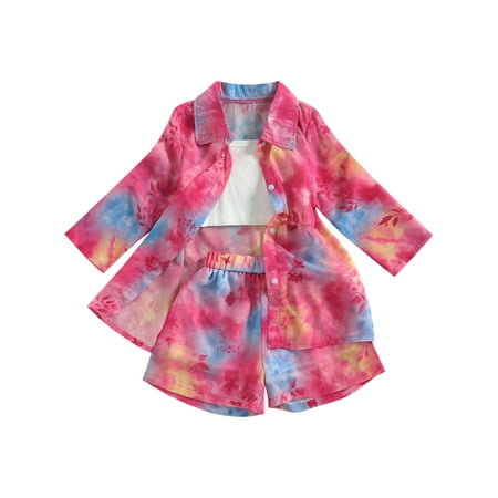 

Wallarenear Little Girl Tie-dye Print Lapel Button Chiffon Blouse Shirt Elastic Shorts Camisole