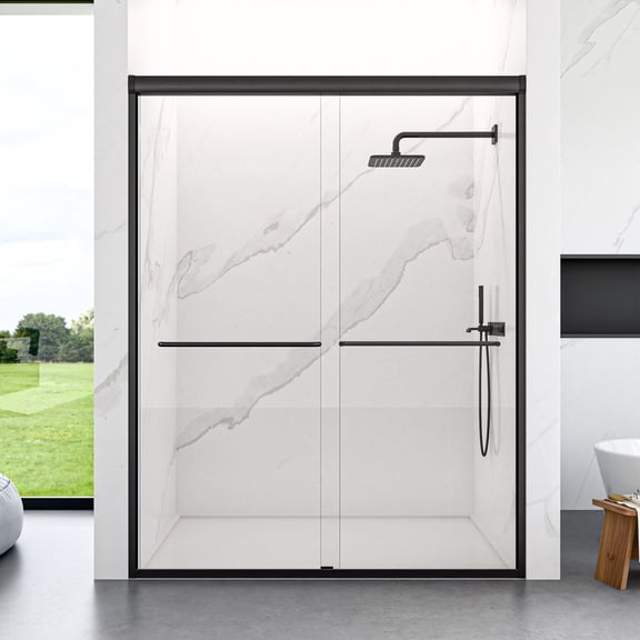 Youmumeub 56"-60"W x 72"H Semi-Frameless Double Sliding Shower Door, Bypass Tub Door with 1/4" SGCC Tempered Glass, Aluminum Frame, Matte Black