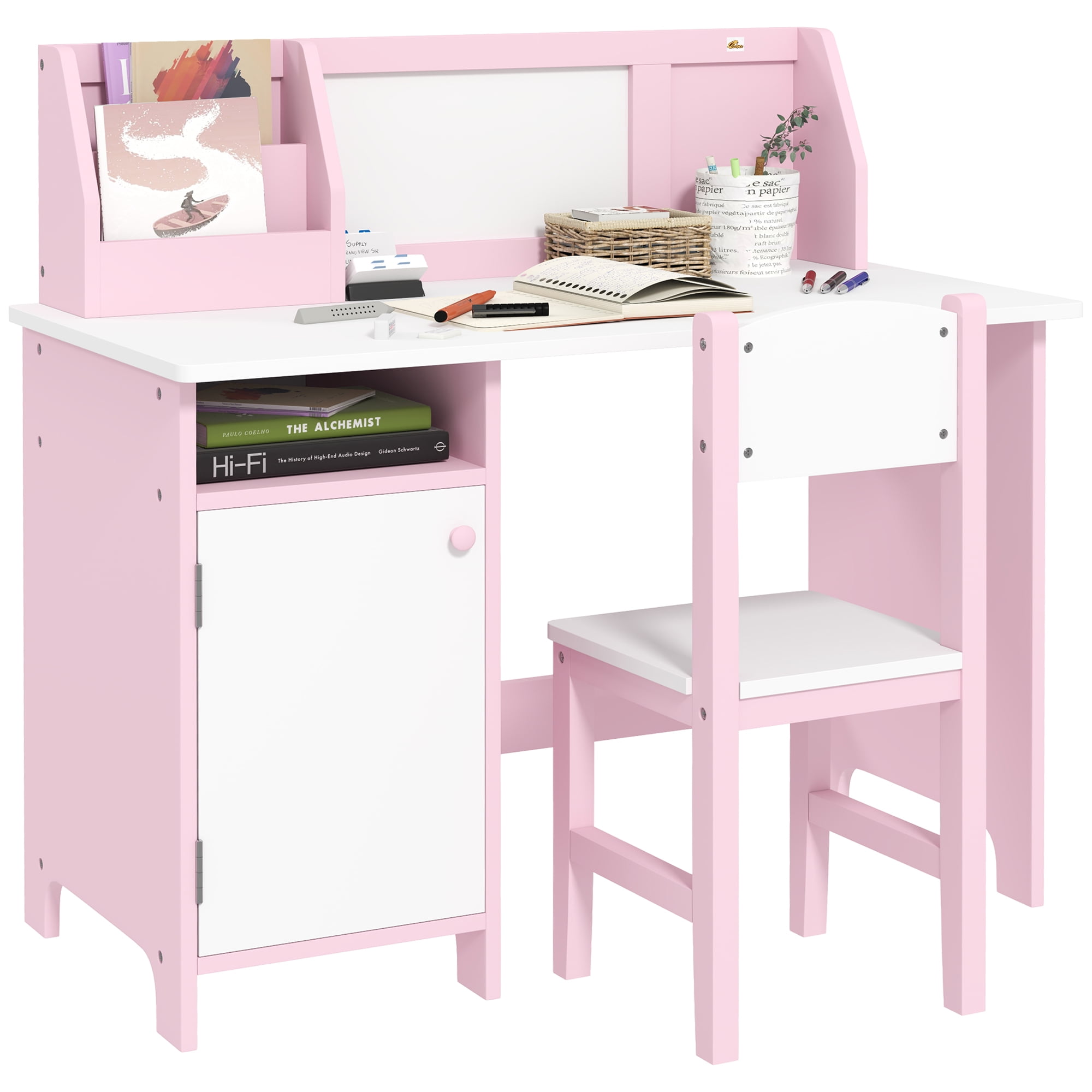 Qaba Toddler Table and Chair Set, with Whiteboard, Kids Writing Desk Homework Table, Pink