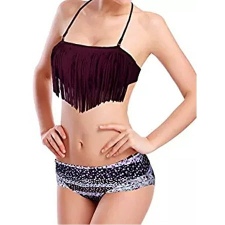 SAYFUT Women's Summer Best Halter Tassel Bikini Floral Swimuit Bottom Two Piece Set (Best D Cup Swimwear)