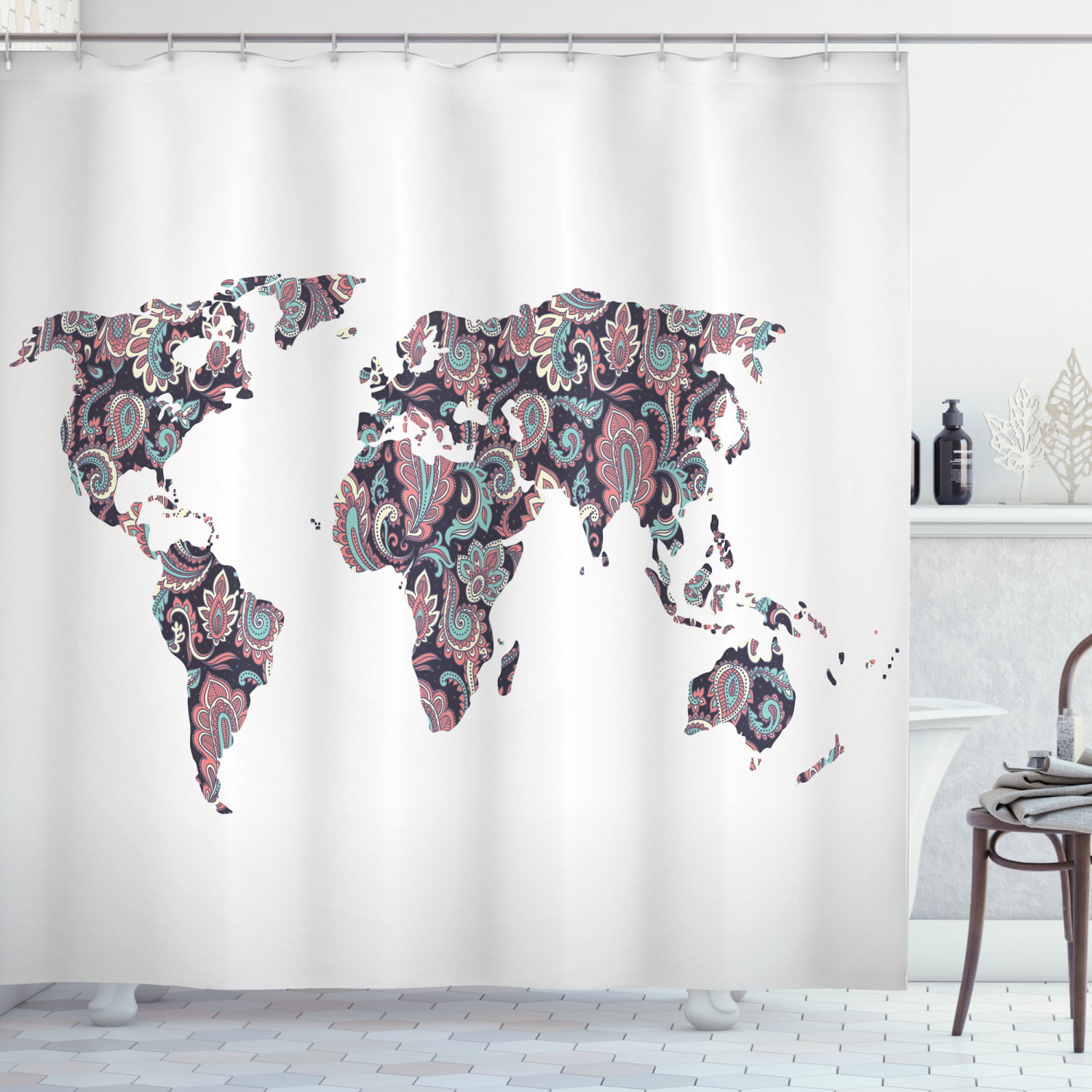 Map Pattern Shower Curtain Fabric Decor Set with Hooks 4 Sizes Ambesonne 