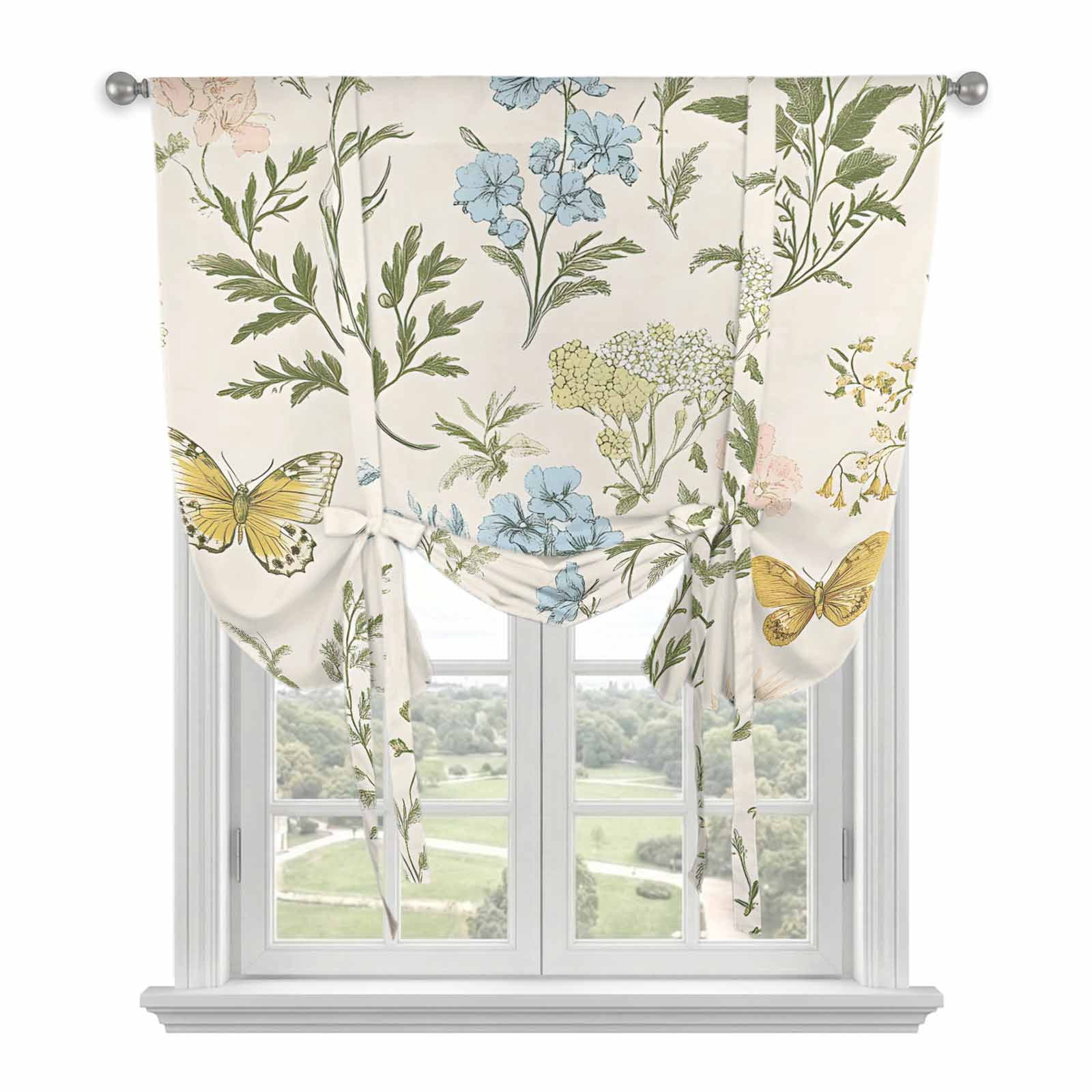 Colored Wildflowers Tie Up Curtain 45 Inches Long, Butterfly Leaf Linen Texture Balloon Style Kitchen Window Curtain Over Sink, Small Window Rod Pocket Curtain 34"x45"