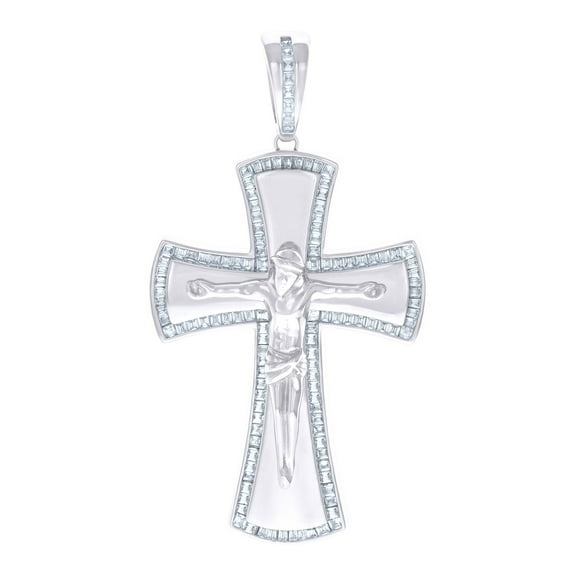 925 Sterling Silver Mens Baguette Cubic-Zirconia Crucifix Cross Religious Charm Pendant