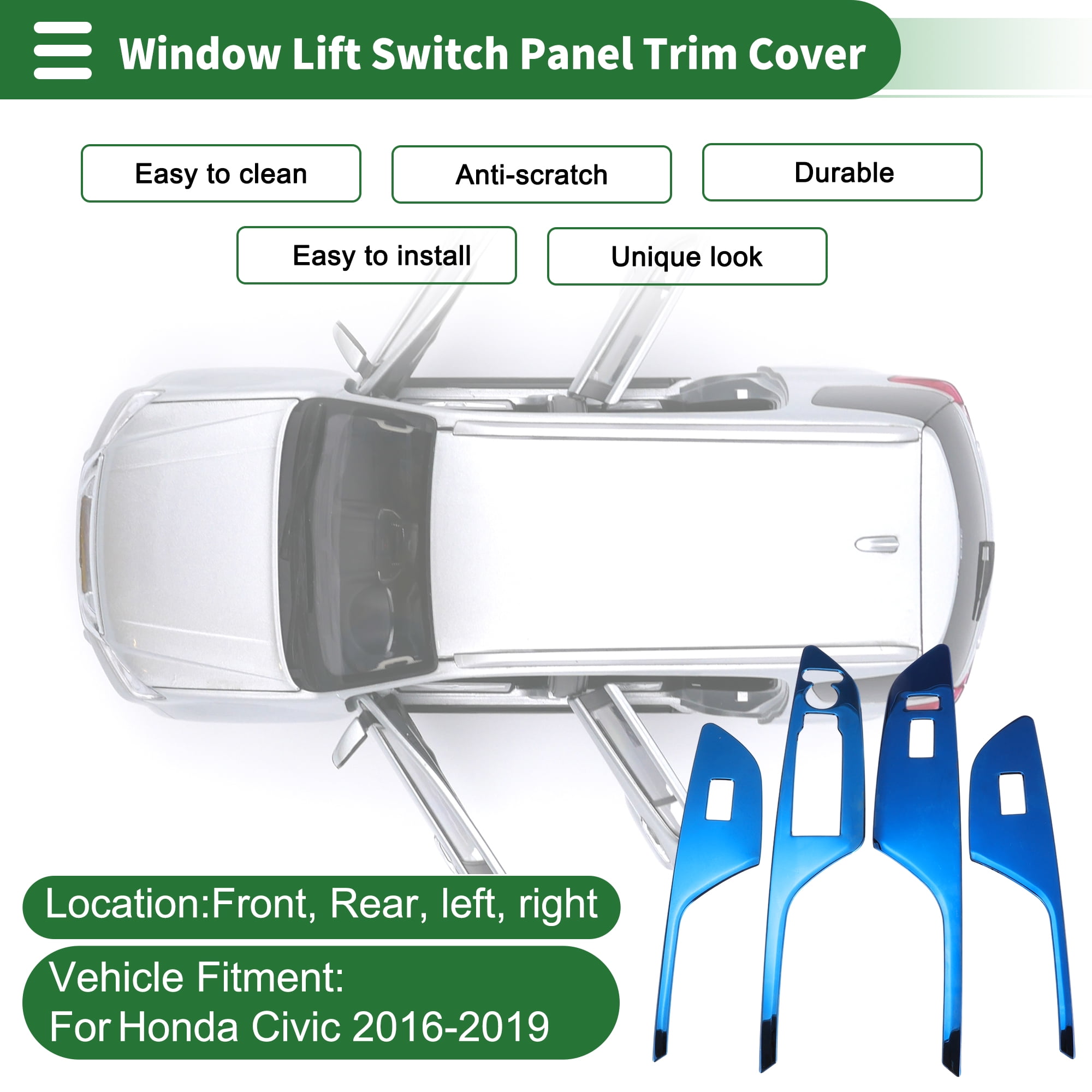 Unique Bargains Window Lift Switch Panel Trim Cover for Honda Civic 2016-2019 Front Rear Car Door Window Control Button Interior Accessories Blue
