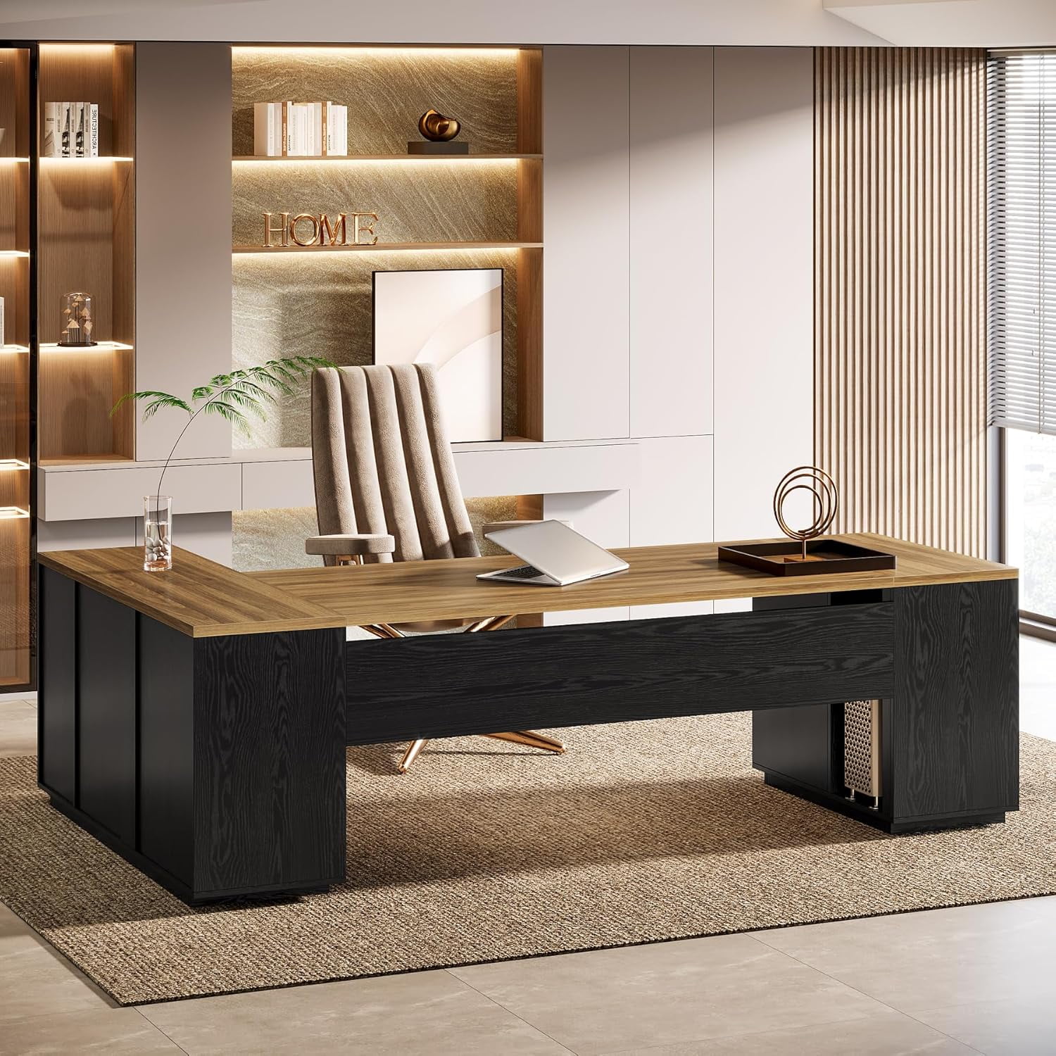 Tribesigns 85.8" L-Shaped Executive Desk, Extra Large Office Desk with File Drawers, Modern Business Furniture with Door Cabinet, Shelves for Home Office, Brown & Black