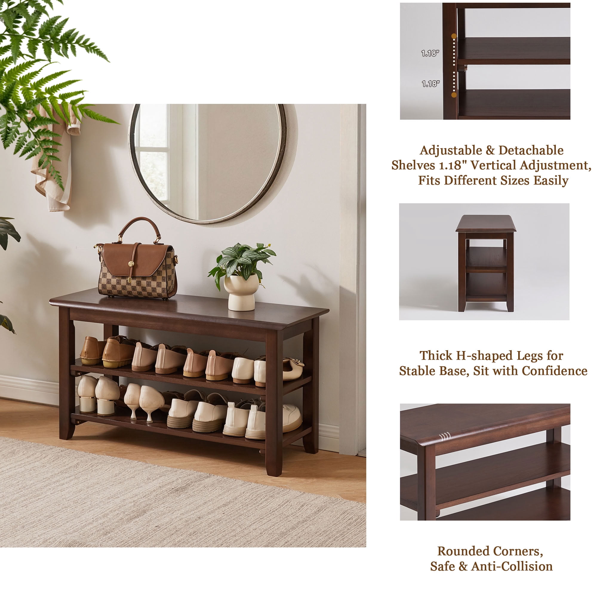 MAYEERTY 2-Tier Solid Wood Shoe Bench, Freestanding Entryway Shoe Rack Bench with Open Storage Shelves, for Hallway Mudroom Bedroom Small Spaces