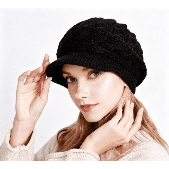 Premium Soft Cable Knit Beanie with Brim, Cozy Lined Winter Visor Hat, Warm & Stylish Newsboy Cap for Women, Ideal for Cold Days & Outdoor Activities