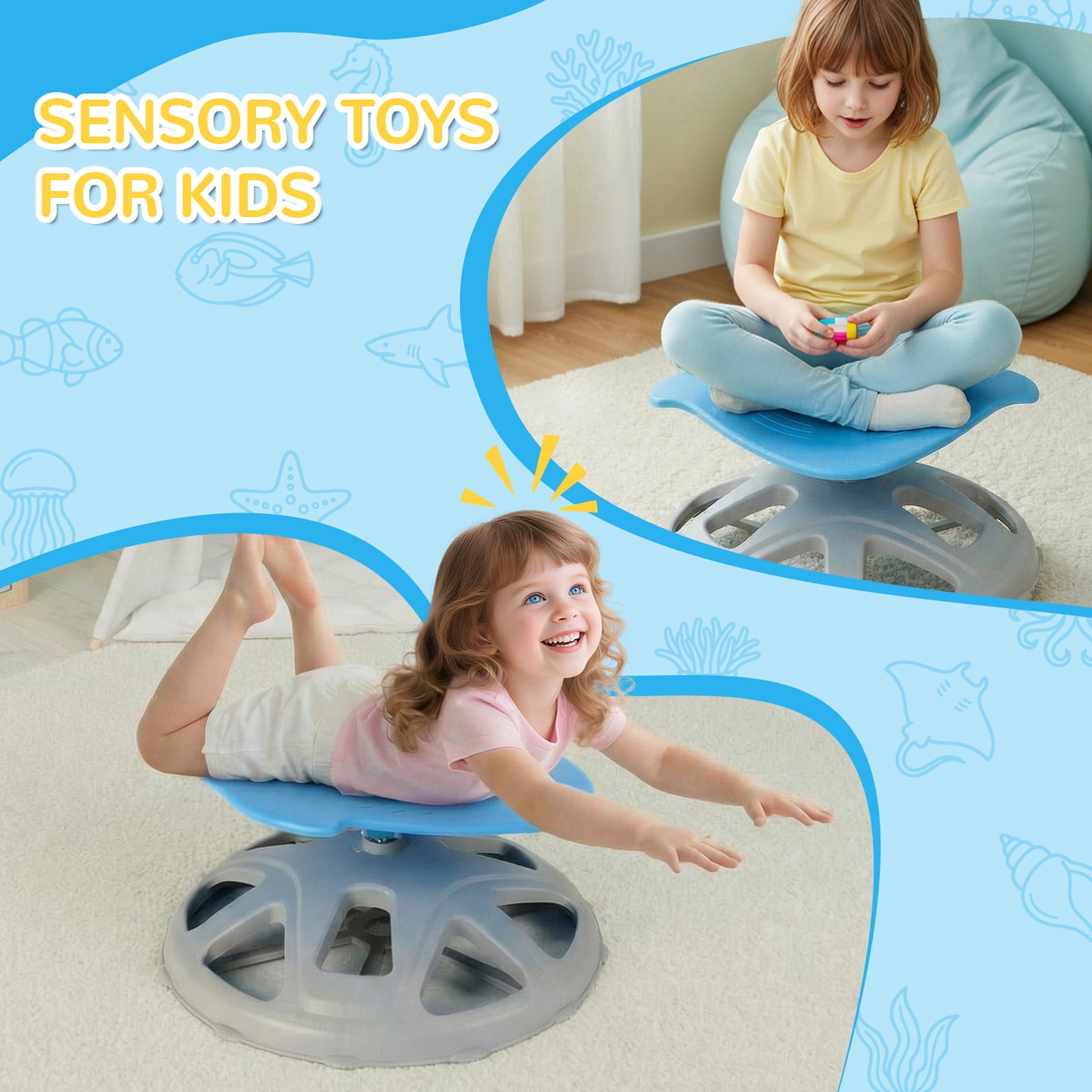 TLSUNNY Sensory Swivel Chair, Fish-Shaped Spinning Chair for Autistic Kids & ADHD, Training Body Coordination, Upgraded Base & Safety Handle, Sit and Spin Toy for Kids