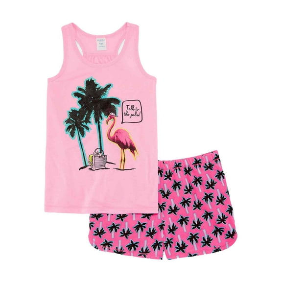 Girls Pink Flamingo Talk To The Palm Pajamas Shorts & Tank Top Sleep Set XXS