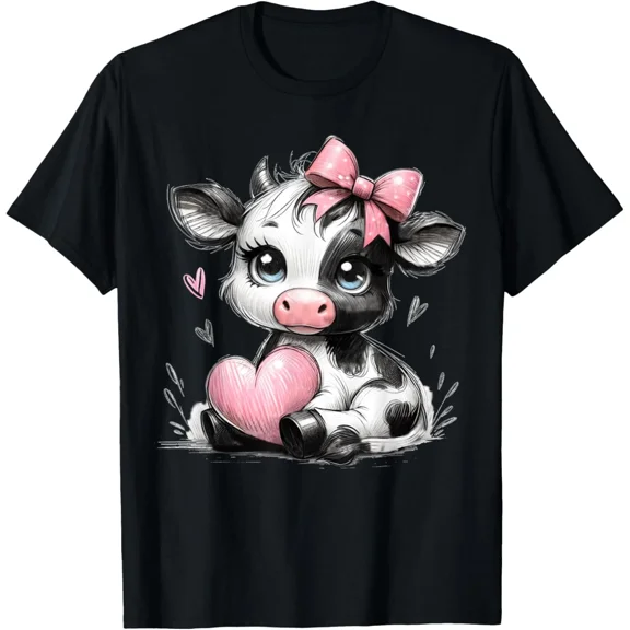 Awesome Black And White Cow Holding Heart Coquette Bow Unisex T-Shirt up to size 5XL