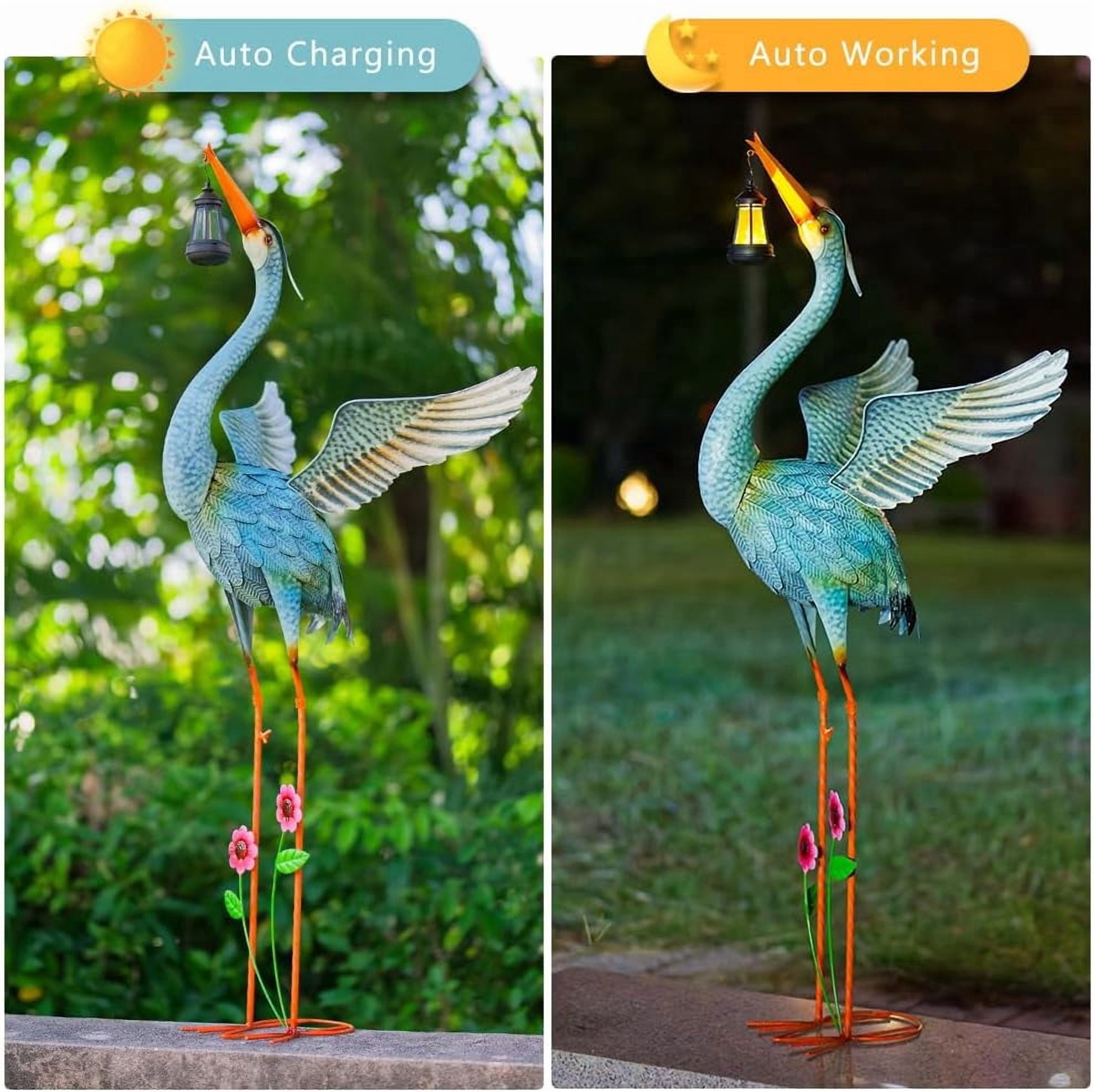 Metal Crane Garden Statue for Outside, Large Heron Outdoor Statues with Leaf Tray, Elegant Crane Yard Art Garden Decor for Garden Yard, Porch