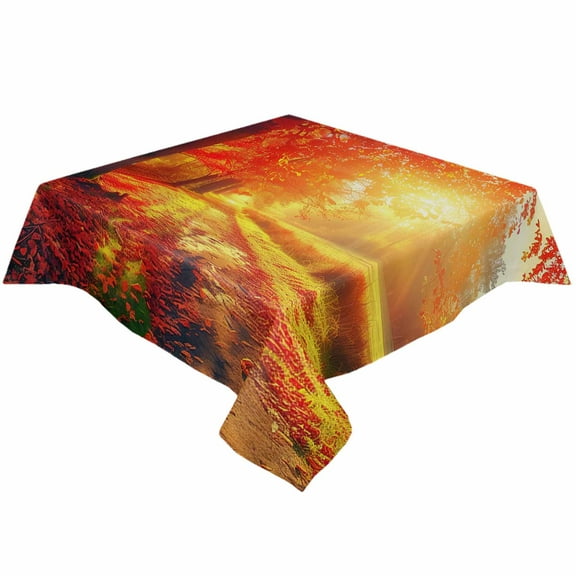Autumn Sunset Forest Square/Round Tablecloths 52x52,Fallen Leaves Natural Landscape Table Cloth Table Cover Indoor/Outdoor Tabletop Decor for Wedding Holiday Party Dinner Baby Shower